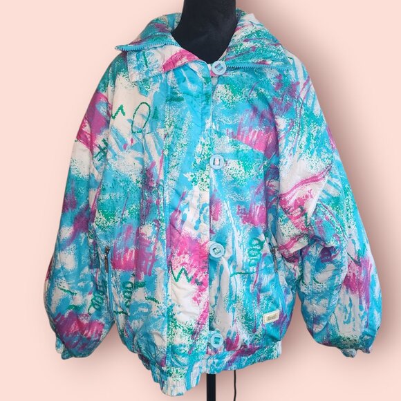 VTG Rare Rodeo 80s 90s abstract print puffer jacket size 12 ski jacket teal pink - Picture 1 of 9